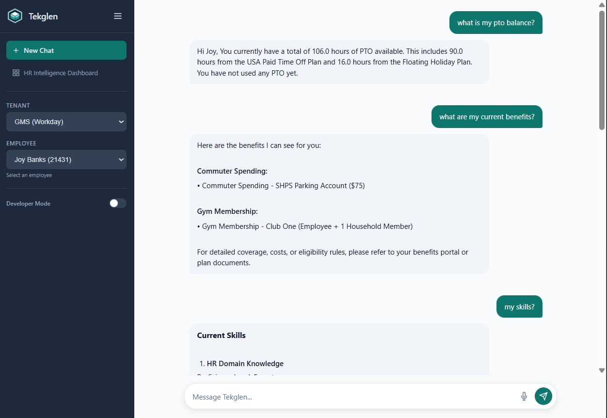 Tekglen Ask chatbot interface showing employee asking about PTO balance